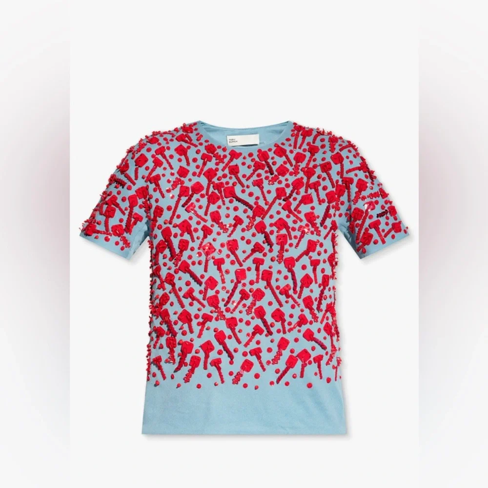 NWT $1298 Tory Burch Embellished Crewneck Top In Blue